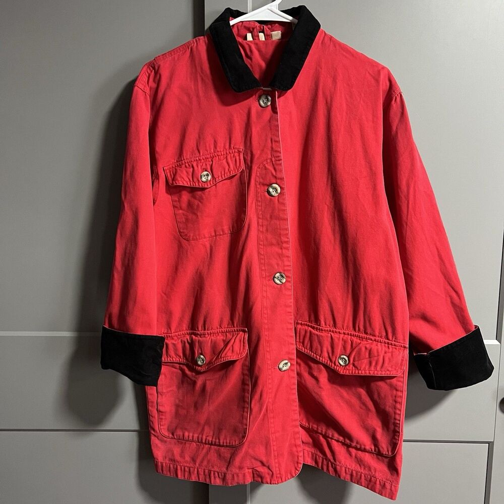 Roo Crossing 100% Cotton Barn Chore  Coat Button Front Utility Pockets Red Small